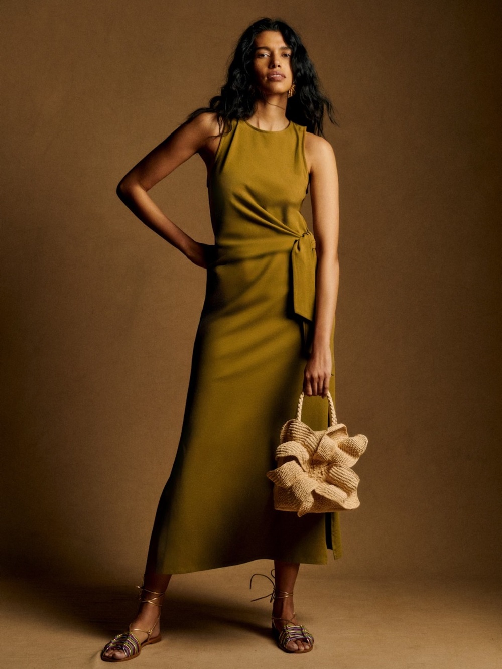 Sezane Olive Green Sleeveless Maxi Dress with Side Tie